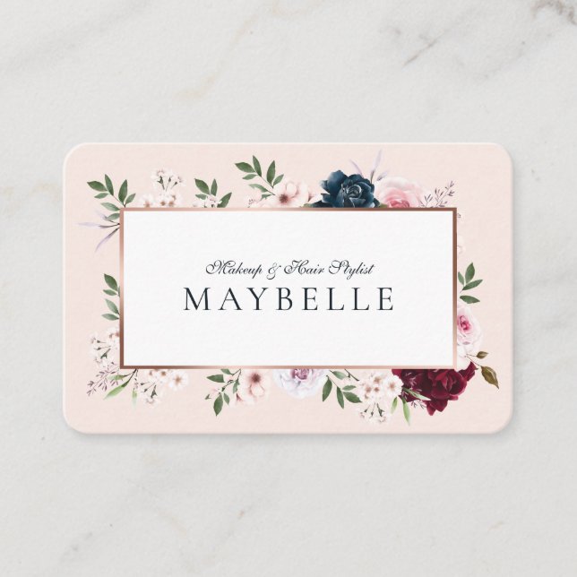 Elegant Burgundy & Navy Watercolor Floral Frame Business Card (Front)