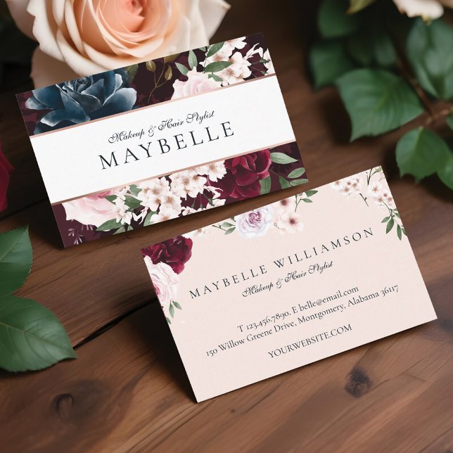 Elegant Burgundy & Navy Watercolor Floral Frame Business Card (Elegant Burgundy & Navy Watercolor Floral Frame Business Card)