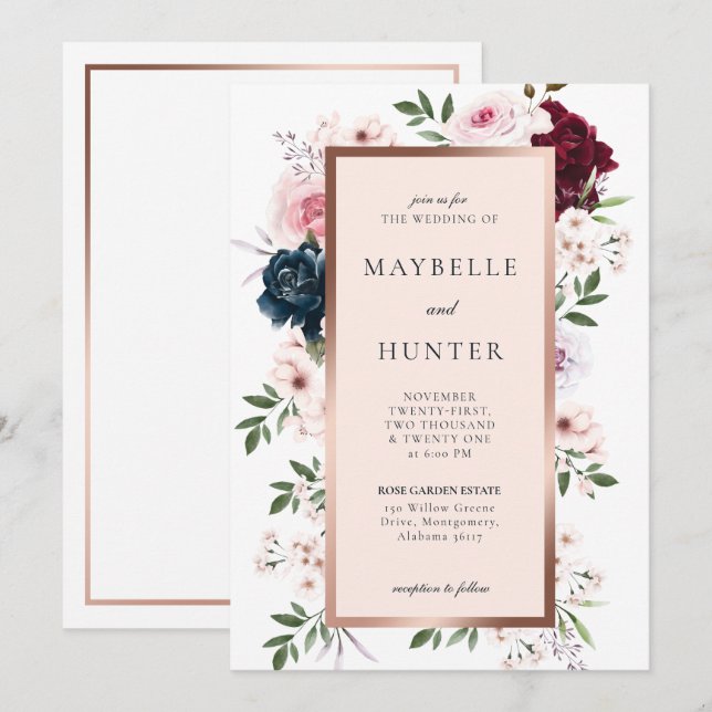 Elegant Burgundy & Navy Watercolor Floral Frame Invitation (Front/Back)