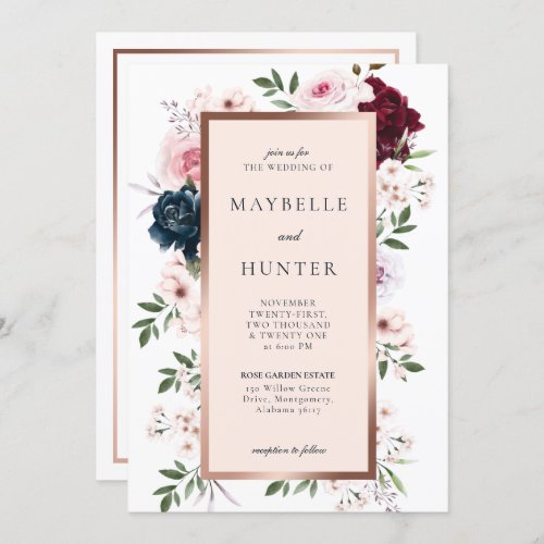 Elegant Burgundy  Navy Watercolor Floral Frame Invitation