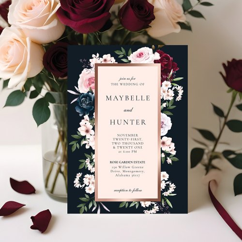 Elegant Burgundy  Navy Watercolor Floral Frame Invitation