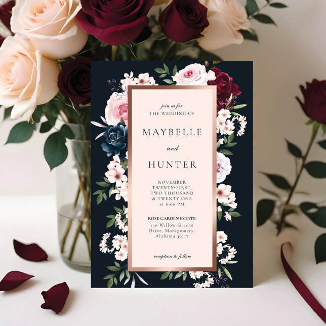 Elegant Burgundy & Navy Watercolor Floral Frame Invitation (Elegant Burgundy & Navy Watercolor Floral Frame Invitation)