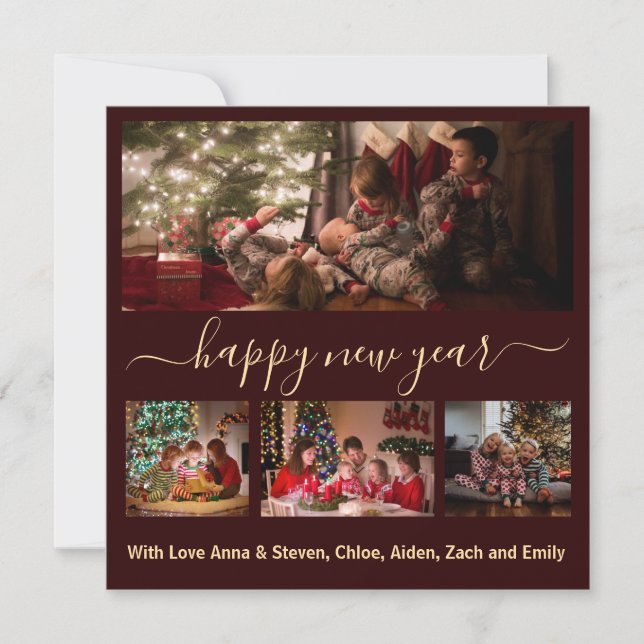 Elegant Burgundy New Year's 4 Photo Holiday Card (Front)
