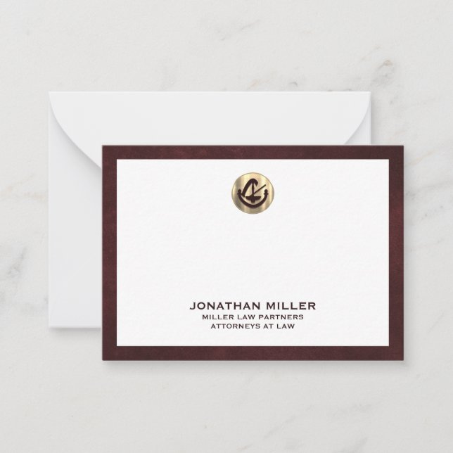Elegant Burgundy Notecard with Gold Logo Law Firm (Front)