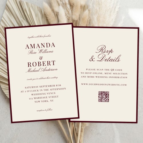 Elegant Burgundy Old Money All In One Wedding Invitation