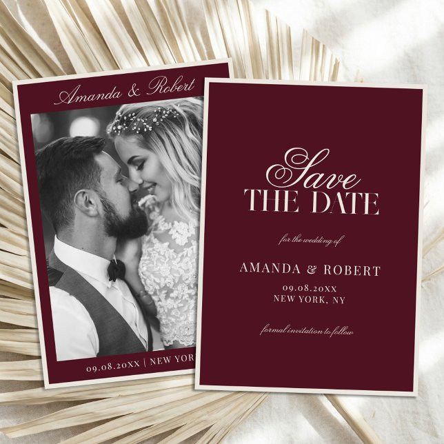 Elegant Burgundy Old Money Photo Wedding Save The Date (Creator Uploaded)