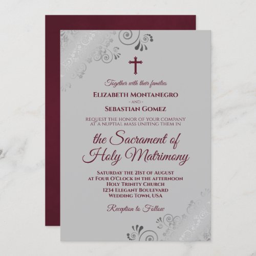 Elegant Burgundy on Gray Modern Catholic Wedding Invitation