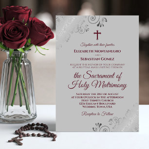 Elegant Burgundy on Gray Modern Catholic Wedding Invitation