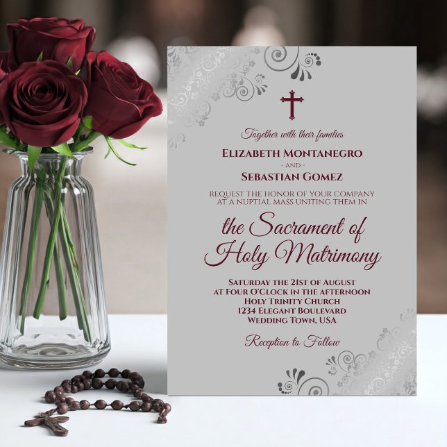 Elegant Burgundy on Gray Modern Catholic Wedding Invitation (Creator Uploaded)