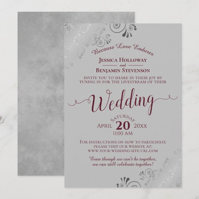 Elegant Burgundy on Gray Wedding Livestream Invitation (Front/Back)