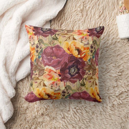 Elegant Burgundy Orange Autumn Flowers  Throw Pillow