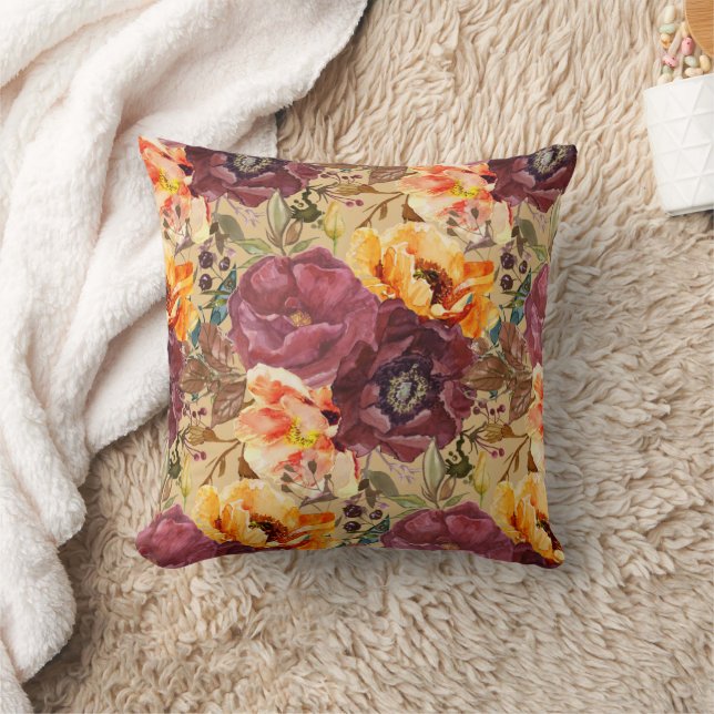 Elegant Burgundy Orange Autumn Flowers  Throw Pillow (Blanket)