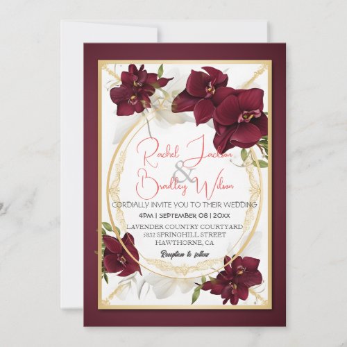 Elegant Burgundy Orchid Wedding Blooms Gold Frame Invitation
