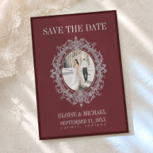 Elegant Burgundy Ornate Crest Photo Save the Date