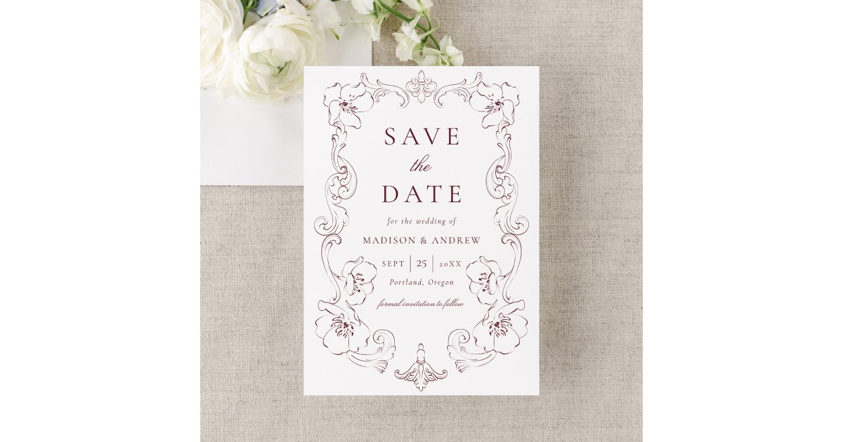 Elegant Burgundy Ornate Floral Frame Wedding Save The Date | Zazzle