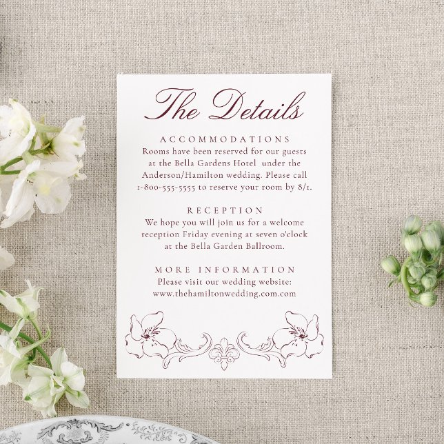 Elegant Burgundy Ornate Floral Wedding Details Enclosure Card (Creator Uploaded)