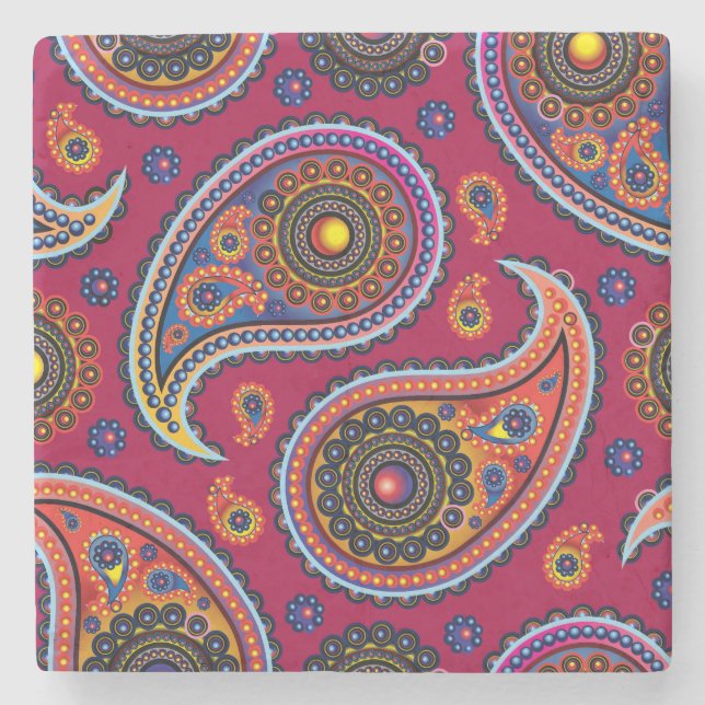 Elegant Burgundy Paisley and Mandala Pattern Stone Coaster (Front)