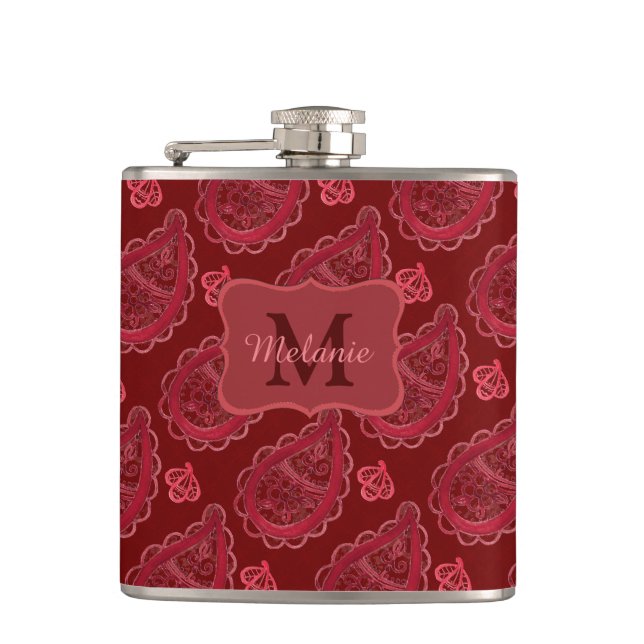 Elegant Burgundy Paisley Pattern Personalised Flask (Front)