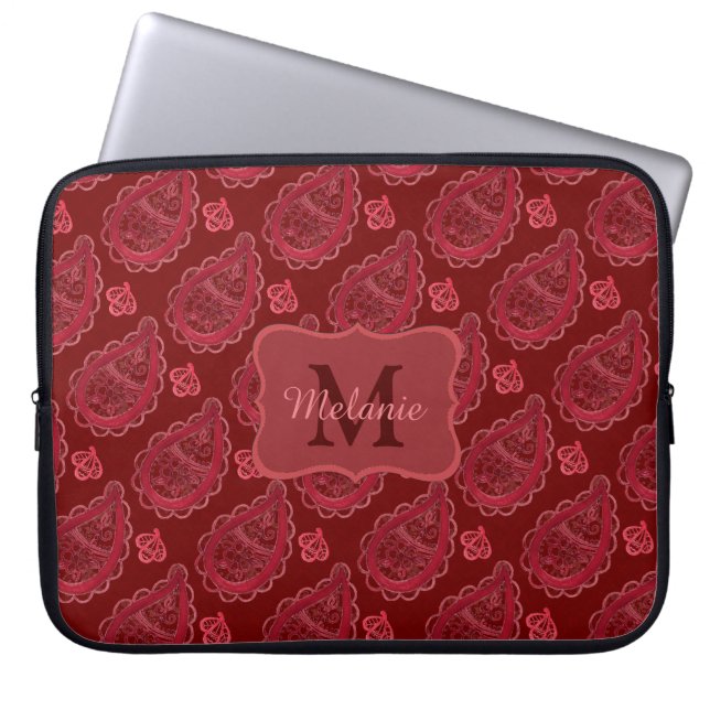 Elegant Burgundy Paisley Pattern Personalised Laptop Sleeve (Front)