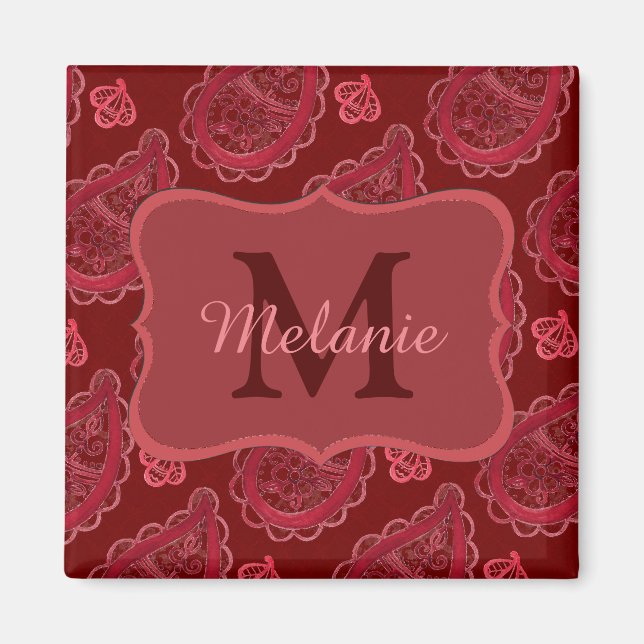 Elegant Burgundy Paisley Pattern Personalised Magnet (Front)