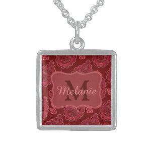 Elegant Burgundy Paisley Pattern Personalised Sterling Silver Necklace