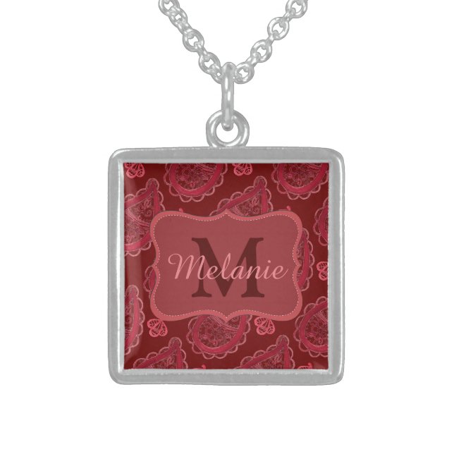 Elegant Burgundy Paisley Pattern Personalised Sterling Silver Necklace (Front)