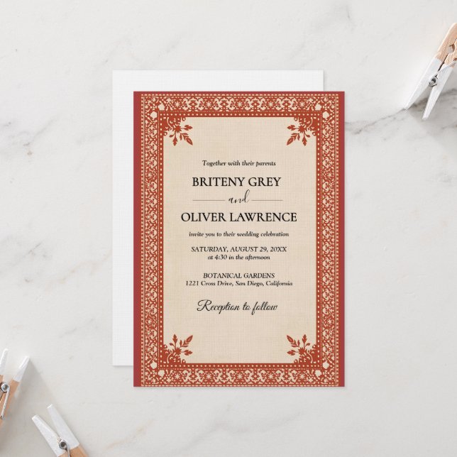 Elegant burgundy  Papel Picado weeding Invitation (Front/Back In Situ)