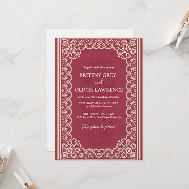 Elegant burgundy  Papel Picado weeding Invitation (Front/Back In Situ)