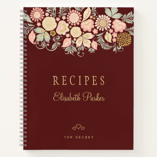 Elegant burgundy peach floral cookbook recipes notebook