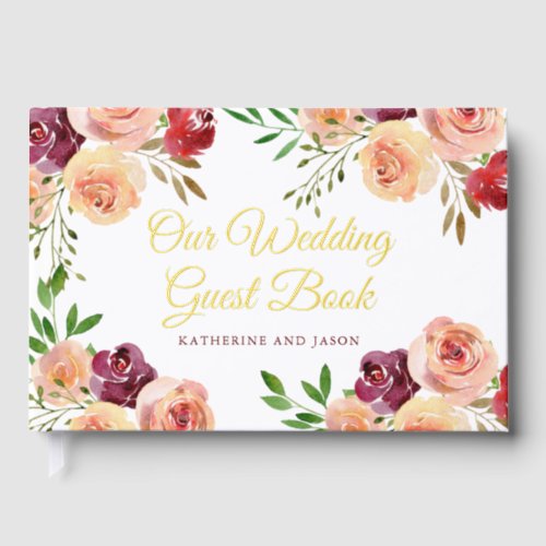 Elegant Burgundy Peach Floral Wedding Gold Foil Foil Guest Book