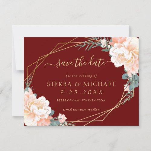 Elegant Burgundy Peach Gold Floral Save the Date Invitation