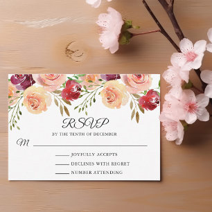 Elegant Burgundy Peach Peony Floral Wedding RSVP