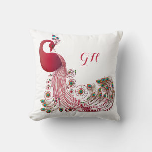 Elegant Burgundy Peacock Feathers Monogrammed Throw Pillow