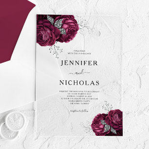 Elegant Burgundy Peonies Floral Wedding Acrylic Invitations