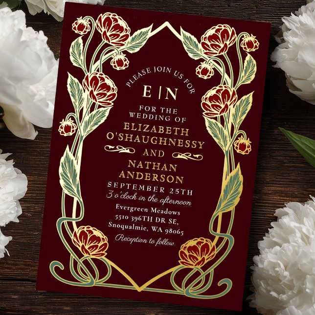 Elegant Burgundy Peony Art Nouveau Floral Wedding Foil Invitation (Creator Uploaded)