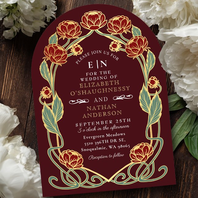 Elegant Burgundy Peony Art Nouveau Floral Wedding Invitation (Creator Uploaded)
