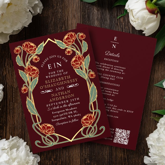 Elegant Burgundy Peony Art Nouveau QR Code Wedding Invitation (Creator Uploaded)