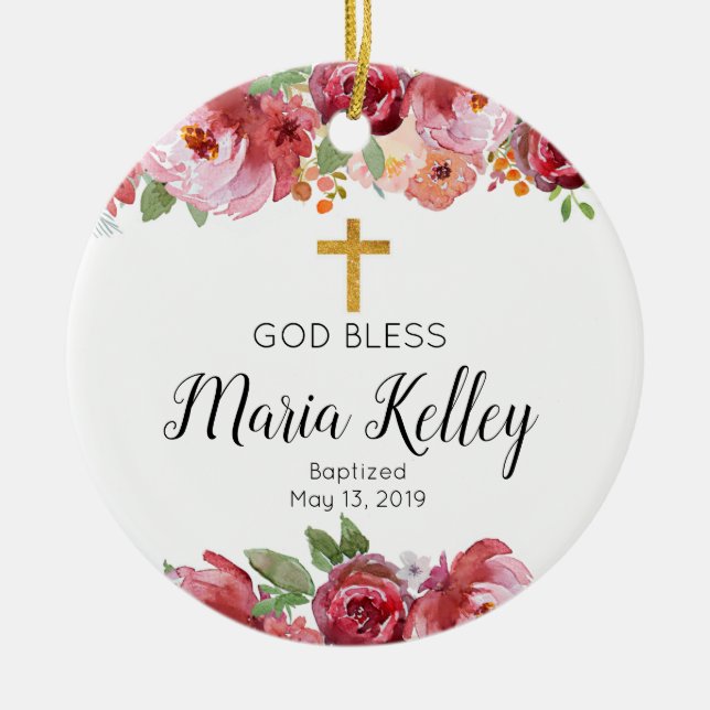 Elegant Burgundy Personalized Girl Baptism Ceramic Ornament (Front)