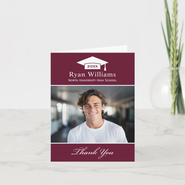 Elegant Burgundy Personalized Graduation Photo Thank You Card (Front)