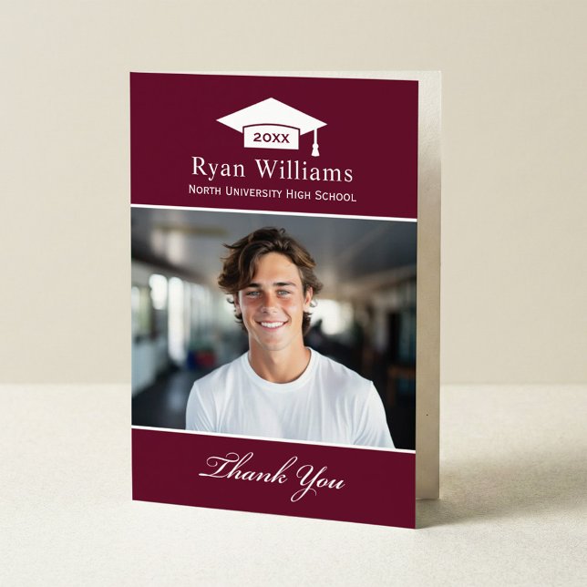 Elegant Burgundy Personalized Graduation Photo Thank You Card (Creator Uploaded)