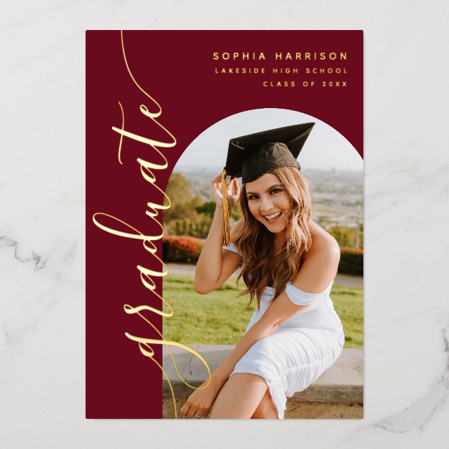 Elegant Burgundy Photo Arch Graduation Foil Invita Invitation (Front)