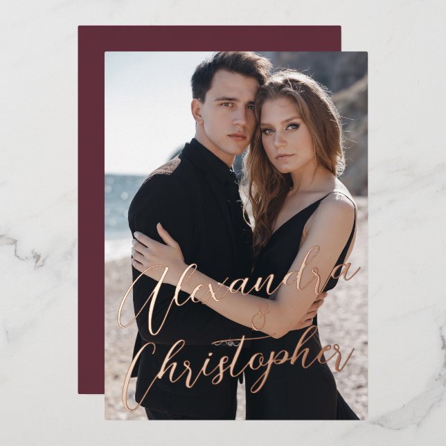 Elegant Burgundy Photo Calligraphy Save the Date Foil Invitation (Front/Back)