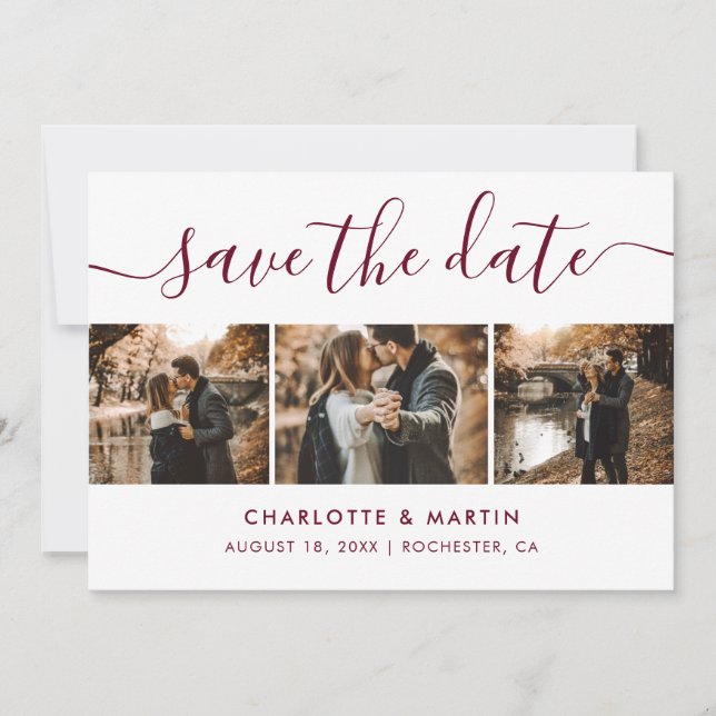 Elegant Burgundy Photo Collage Save The Date (Front)