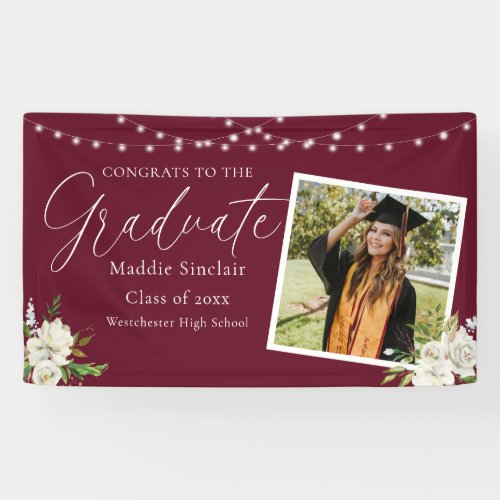 Elegant Burgundy Photo Floral Graduation Banner