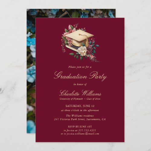 Elegant Burgundy Photo Graduation Party Invitation