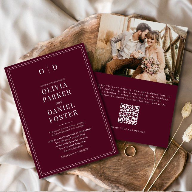 Elegant Burgundy Photo QR Code Wedding Invitation (Creator Uploaded)