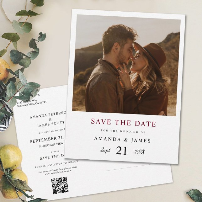 Elegant Burgundy Photo Wedding Save the Date Invitation Postcard (Creator Uploaded)