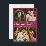 Elegant Burgundy Photo Wedding Thank You Cards<br><div class="desc">Elegant, Modern Hand Lettered Wedding 3 Photo Collage Thank You Card in Burgundy Color. Stylish wedding thank you card template featuring three photo on the front and one photo on the back. With the text "Love and thanks" in a swirly hand lettered typography script font in white on burgundy or...</div>