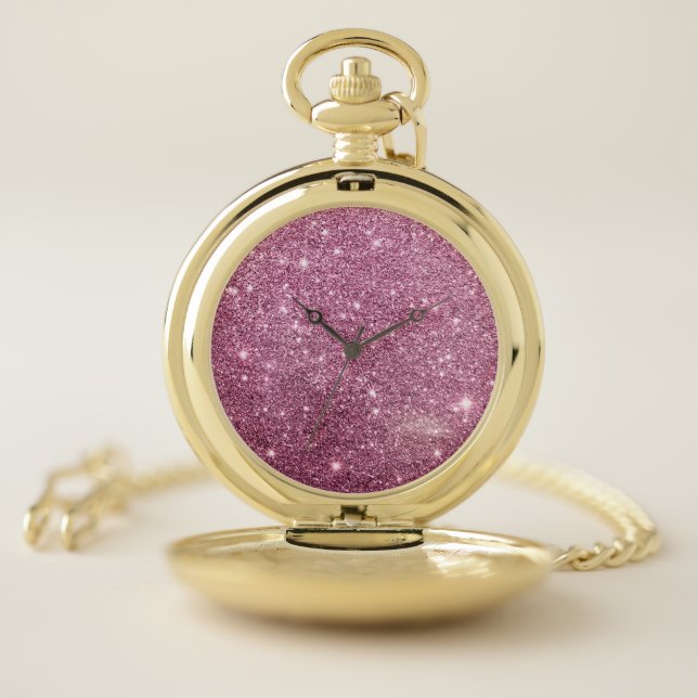 Elegant burgundy pink abstract girly glitter pocket watch (Inside)