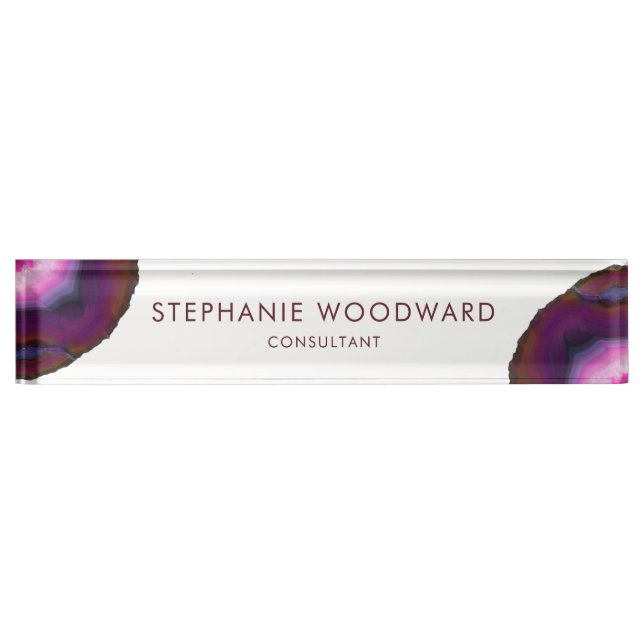 Elegant Burgundy Pink Agate Geode Desk Name Plate (Front)